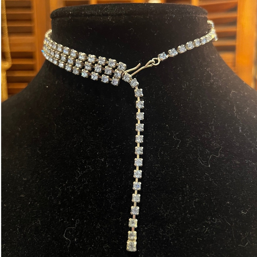 Vtg‎ 1950s Light Blue Rhinestone Triple Strand Choker Necklace Silver Tone 15in